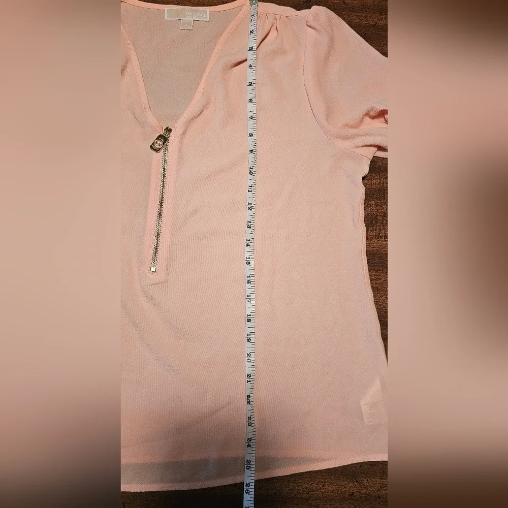 Michael Kors Women’s Sheer Solid Peach Short Sleeve Half Zip Blouse Size L